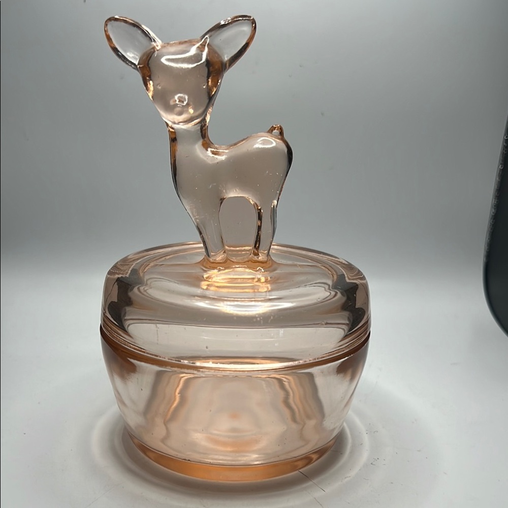 VINTAGE DEER Peach LUSTER CARNIVAL JEANETTE GLASS CANDY DISH Powder Jar 2 Piece
